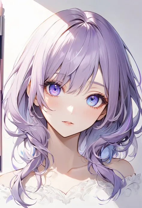 オッドアイを持つ1 personの美しい女性、The left eye is red、The right eye is blue eye 、 long light purple hair is beautiful 、The inside of her hair is purple 、Upper body drawing、1 person、