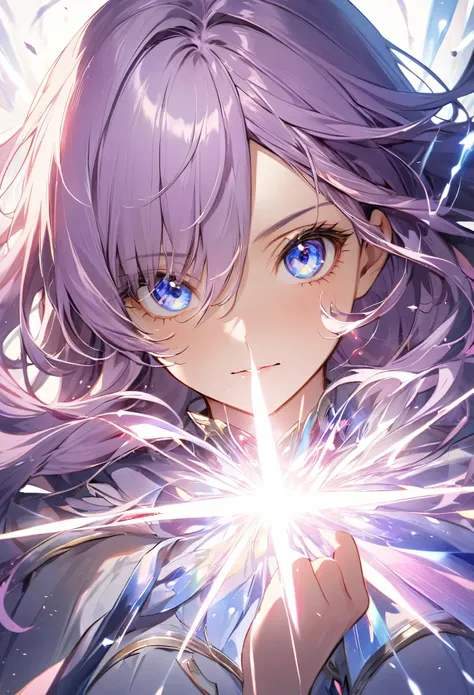 オッドアイを持つ1 personの美しい女性、The left eye is red、The right eye is blue eye 、 long light purple hair is beautiful 、 the inside of the hair is red 、 depiction from the upper body 、1 person、The light is strong and dazzling 、 shines brightly、