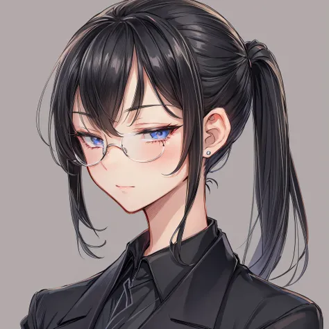 masterpiece,best quality,beautiful anime eyes,very cute face,absurdres,A sketch of a female character. She has side-swept bangs and wears her black hair tied back in a single ponytail. Her eyes are narrow slits, appearing closed, with a serene expression. ...