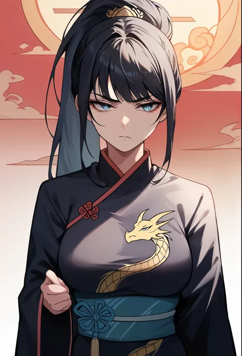  1 mature woman, Blue eyes, black hair, long hair,Ponytail,Wearing black robe with golden delegate, dragon print, oriental robe, ,Serious face, beautiful, bangs, best 4k quality, artwork 