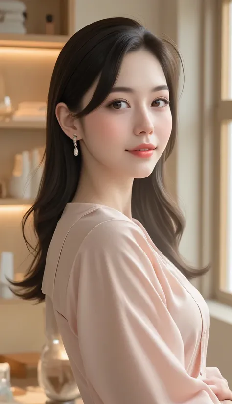 Portrait of a graceful 29-year-old Korean lady. Her long tresses are styled in an elegant manner. She is donning a business suit. A slight smile graces her face. She stands slightly to the side, facing two-thirds towards the camera. Gentle side lighting ac...