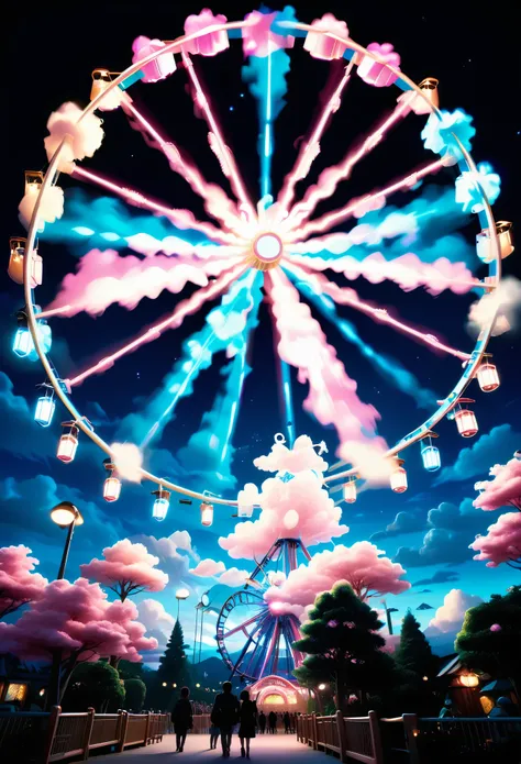 (very unified cg scene design), amusement park, ferris wheel, roller coaster, pink and blue,, star lights,，，like a dream, mythic...