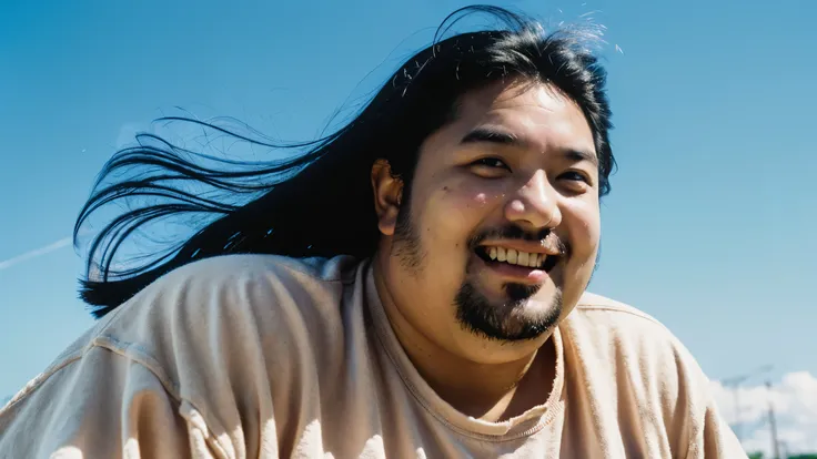 Fuji Color C200 Film Still. Dreamy close-up of a fat young man with unkempt hair, Thin hair and dirty face floating in the blue sky。Dirty clothes。Dirty teeth。Dirty Glass。smile. Soft and natural skin tones. Bright diffuse light. Shooting at、Documentary styl...