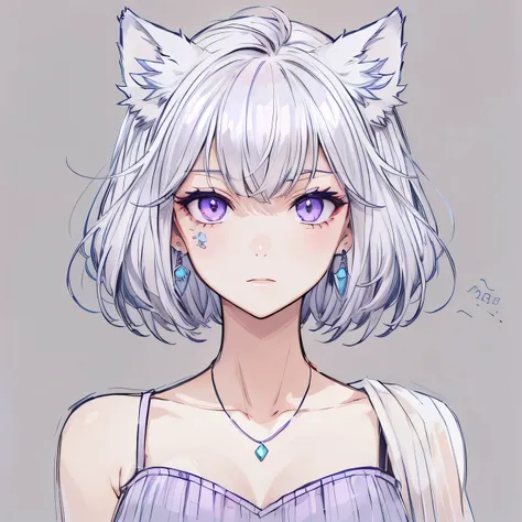 masterpiece,best quality,beautiful anime eyes,very cute face,absurdres,A character illustration of a woman with a gray wolf-cut hairstyle, featuring see-through bangs. She has blue-purple eyes with a unique highlight design. She is wearing a dress and acce...