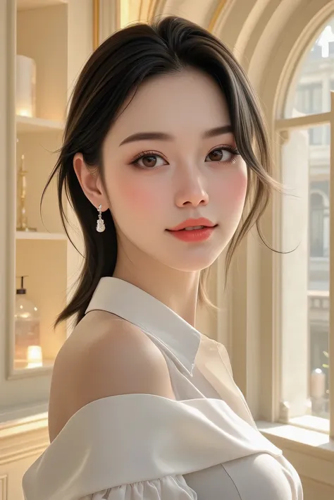 In the view, a 19-year-old Korean beauty is approaching. Her hair is styled in a fresh, lively and natural way. She is wearing clothes full of vitality and fashion sense, showing the youthful atmosphere and individuality of a young girl. With a smile on he...