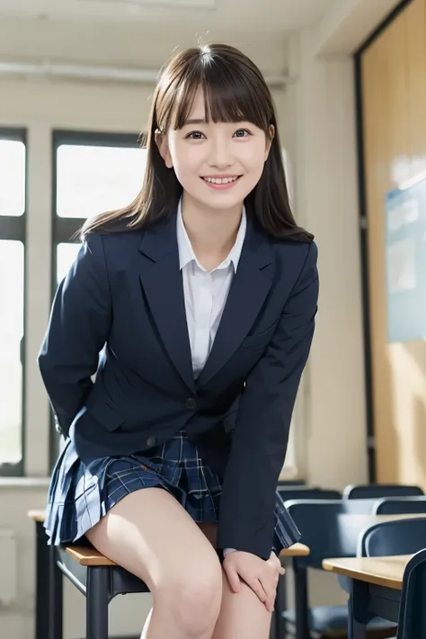 Girl standing in a school classroom, blue neckerchif Uniform, Dark Blue Blazer,Blue plaid skirt,18-year-old,bangs,A small smile,Thighs,knees,From below, having pinching skirt:0.4, open legs:0.4