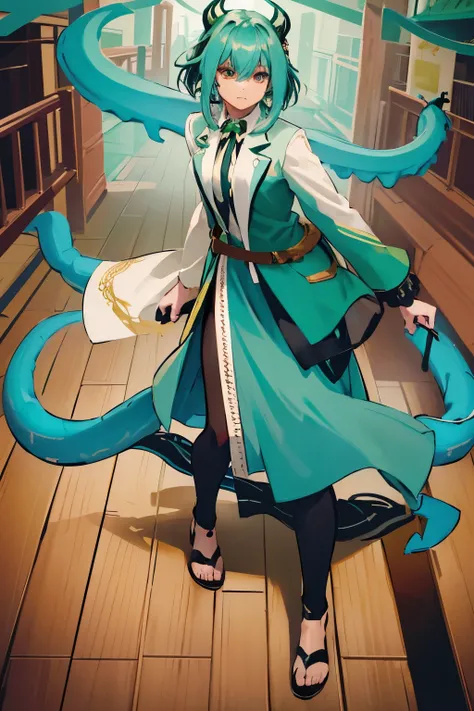 SD woman of (green hair color), (turquoise snake eyes), (wooden clothes), (wooden textured dot under right eye), (calm atmosphere), (classy style), (lizard beast tribe) character full body