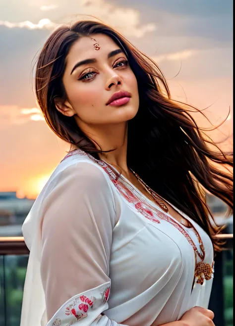 cowboy shot scenic professional photograph of RAW photo, photorealistic, [:intricate details:0.3], best quality, photo of beautiful Aishwarya Rai Bachchan Indian actress 45y old woman, with brown hair, detailed skin, (like a plus size:1.1), (beautiful roun...