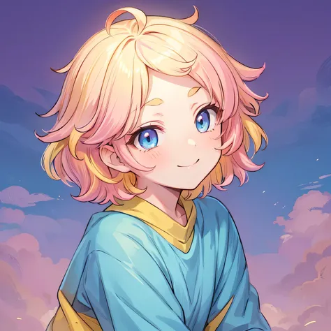 masterpiece,best quality,beautiful anime eyes,very cute face,absurdres,cowboy shot photo anime, 
smile,Medium short hair, messy heir,Short bangs above brows, pink and yellow hair, blue eyes,Blue Foodie