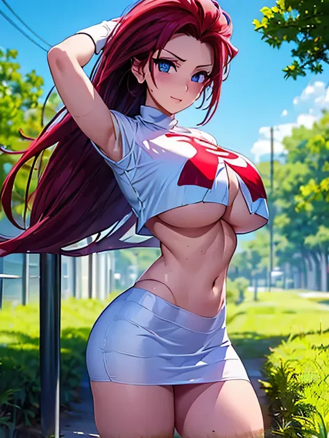 ((1 girl)), beautiful girl alone,  lifting shirt , (aci . whats on the chest ), (( red hair combed back, long hair)),(([shocked face])), large blue eyes, red lipstick, (( blushed face)), perfect body, Team Rocket, to hide, (( tight white short top )), ((ti...