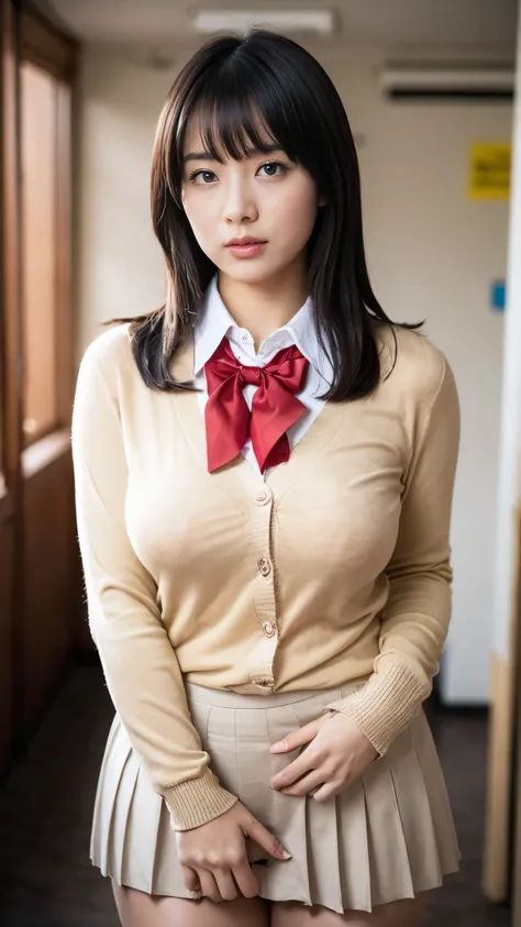 (((8k、High resolution、Best Quality、High resolution)))Alone、Natural body shape、White skin、 natural makeup、Black Hair、bangs、 straight long hair 、、((high school uniform)) 、((Beige cardigan、White long sleeve collared blouse))、((Red check pleated skirt))、(Red s...