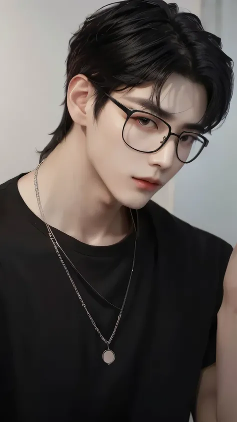 a man wearing glasses and a black shirt with a necklace, cai xukun, inspired by Zhang Han, yanjun chengt, wearing thin large round glasses, with square glasses, with black eyeglasses, with glasses, wearing square glasses, wearing black frame glasses, delic...