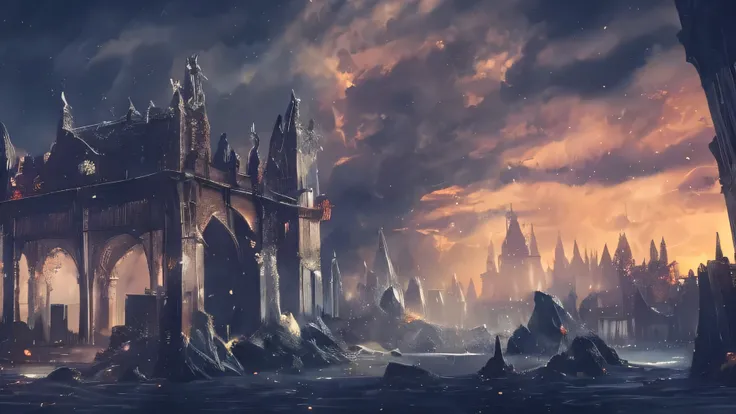 A dark fantasy medieval world in anime art style. There is a dark sky and a ruined the city at the middle bottom of the image with a dark forest on each side of the picture. 