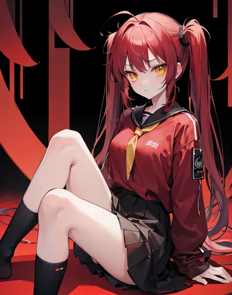 1girl,Darkness-red-blend,twintails,serious,arms folding,sitting,stage,oversized long sleeve shirt,high-knee socks,yellow eyes