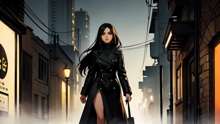  a girl with long black hair brown eyes in a black coat, walking down a dark alley in the fog . (In the city)