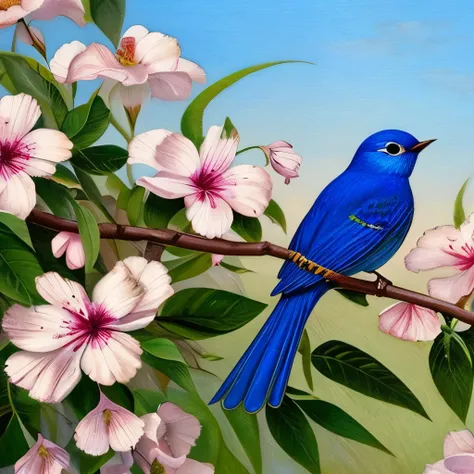 there is a blue bird sitting on a branch with flowers, a detailed painting by Marie Bashkirtseff, trending on cg society, cloisonnism, stunning and rich detail, beautiful detail and color, encrusted with jewels, look at that detail!, superb detail 8 k mast...