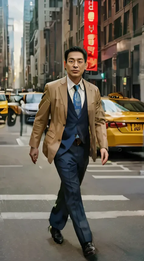 a man in a suit walking across a street in a city with tall buildings and a taxi cab behind him, David Park, maximalism, phuoc quan, a character portrait, AmAC