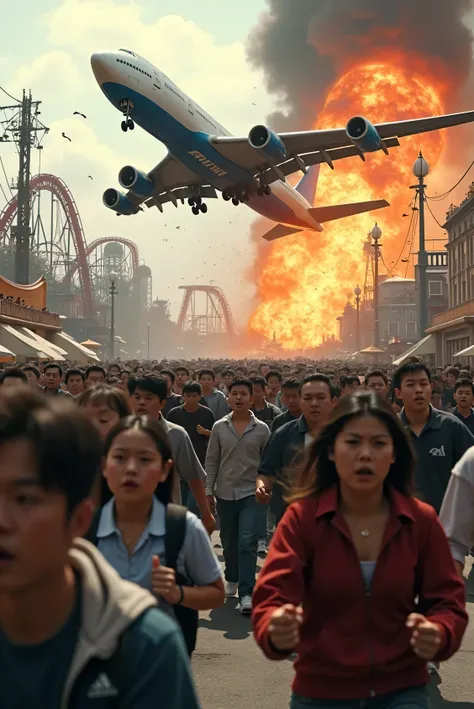  people walking through a crowded street with airplanes flying over the sky々, 8K Cinema Stills, Burning scene in the background, 4K movie stills ,  4k movie stills , Stills from live-action films, Movie still 8k, # membrane, Amazing VFX, Japanese VFX, A sc...