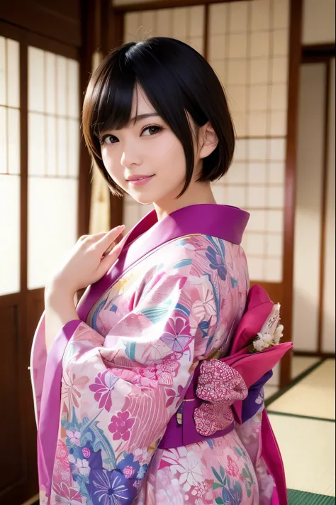 Japanese beauty, Japanese Kimono, short hair, smiling, back view, ((masterpiece)), ((top quality)), ((super detailed)), 1girl, glistening skin, Tight hips and legs, absolute area, enough to make a man cum, enough to make him imagine. Her breasts are facing...