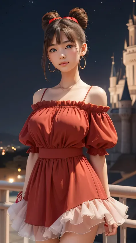 ((16-years old)), short hair((double buns)), ((chiffon, puffy sleeve mini dress, red)), Accessories ((Ribbon Hair Band, earrings)), huge tits:1.3, huge-breasted, Korean Makeup Look, castle, night sky, Smiling expression, standing, cowboy shot:1.3, head to ...