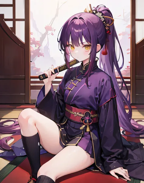 1girl,Purple-red-blend,curly ponytail hair,serious,holding kantana,chinese,sitting,stage,oversized long sleeve shirt,high-knee socks,yellow eyes,kid,samurai