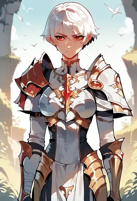 Floox style,1girl, solo, skinny girl, red eyes, white short hair, medium breasts, heavy armor, guild background, cowboy shot