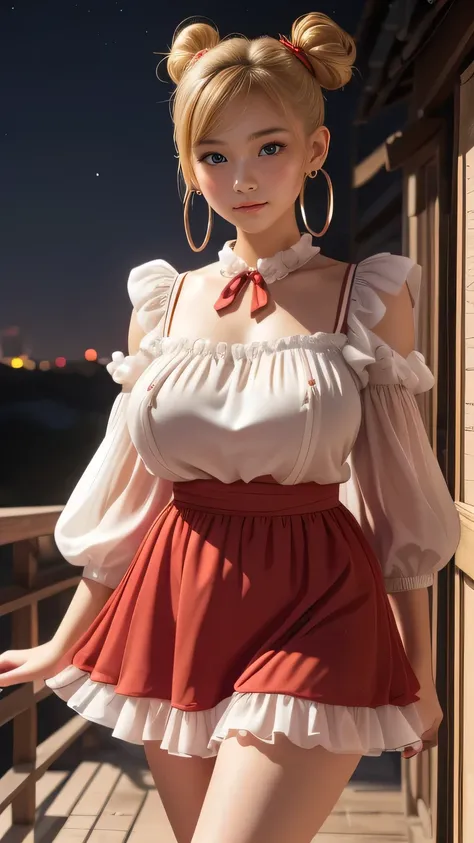 ((16-years old)), Blonde short hair((double buns)), ((chiffon, puffy sleeve mini dress, red)), Accessories ((Ribbon Hair Band, earrings)), huge tits:1.3, huge-breasted, Korean Makeup Look, castle, night sky, Smiling expression, standing, cowboy shot:1.3, h...