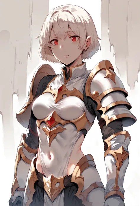 Hews style,1girl, solo, skinny girl, red eyes, white short hair, medium breasts, heavy armor, guild background, cowboy shot