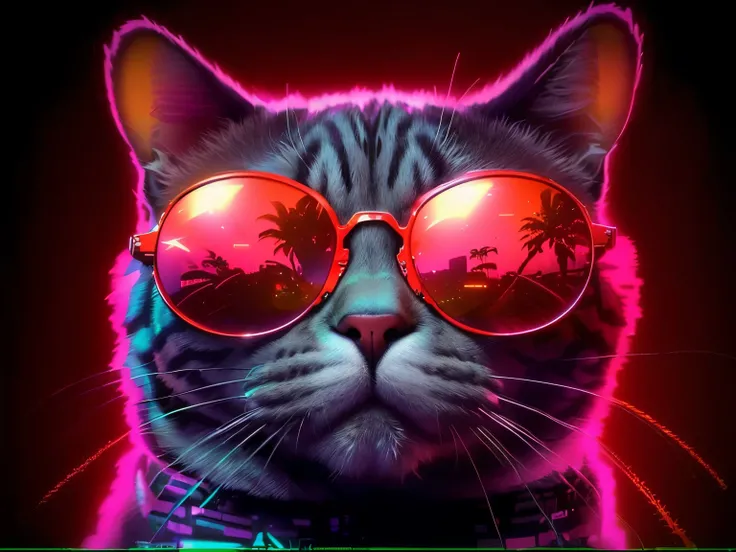 arafed image of a cat wearing sunglasses with palm trees in the background, beautiful neon cats, cyberpunk cat, ( ( ( synthwave ) ) ), synthwave art style ]!!, synthwave art, synthwave, synthwave art style, (synthwave), retrowave ((synthwave)), synthwave i...