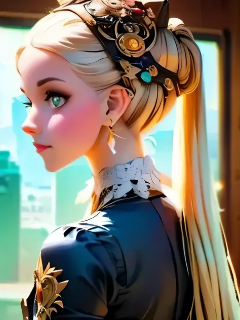 Cute lady victorian gothic style, Intricate details insanely artwork Wooden painted, 3D effect ultra-detailed intricate insanely Heart, museum room,  green glass eyes, Carved in wood, painted with bright colors., indie film screencap, dramatic angle, , fou...