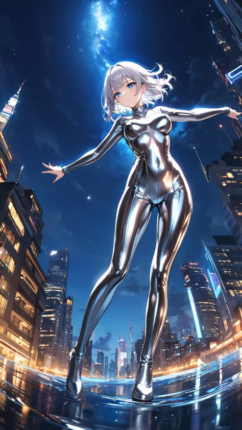 One girl, Its falling through the sky, Dynamic pose, 
Game CG, Fantastic landscape,  The sky is falling in the sky above the city of sparkling buildings at night, 
((Full Body Suit, Metallic Silver, Luster like liquid metal , )), 
(Silver Hair, extra short...