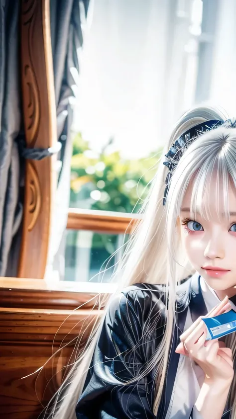  platinum blonde hair is super long, straight, stringy hair、Polate、School uniform、Bright expression、 ponytail、 young, white and shiny skin 、Great looks、Shiny bright hair、Shiny, beautiful bangs、double eyelid、Eyeliner、 clear, big blue eyes ，It shines with en...