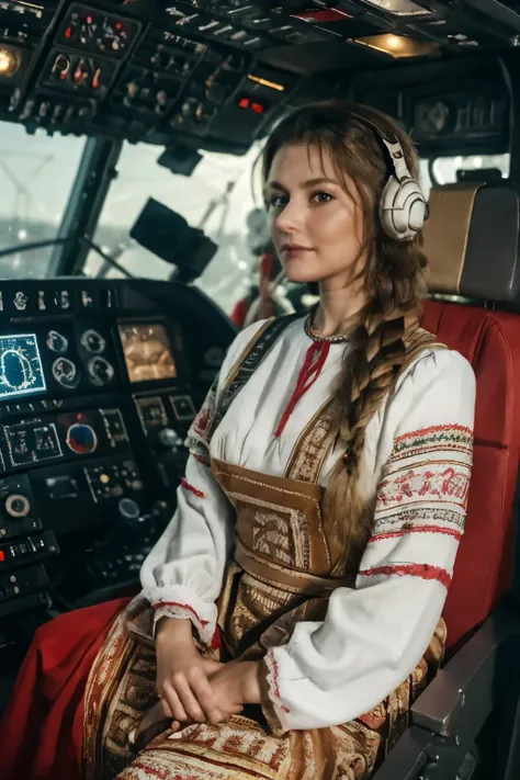 russian girl in traditional slavic attire sits in the cockpit of a spaceship at the helm and pilots like a pilot in star wars, i...