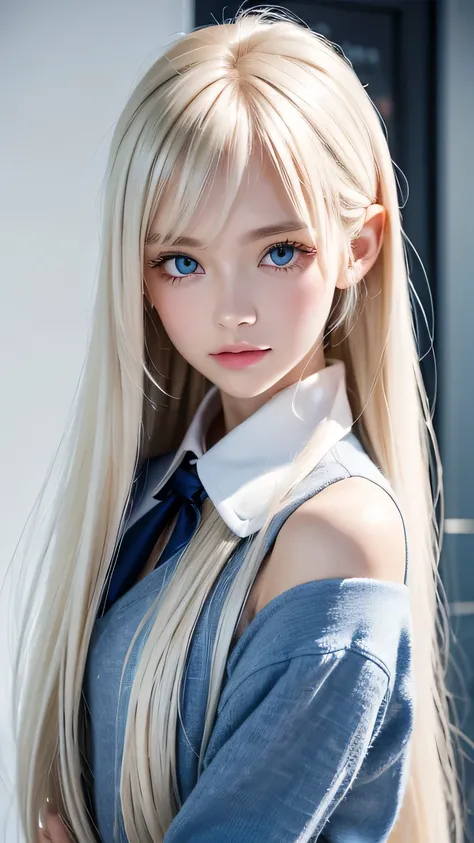platinum blonde hair is super long, straight, stringy hair、Polate、School uniform、Bright expression、 ponytail、 young, white and shiny skin 、Great looks、Shiny bright hair、Shiny, beautiful bangs、double eyelid、Eyeliner、 clear, big blue eyes ,It shines with en...