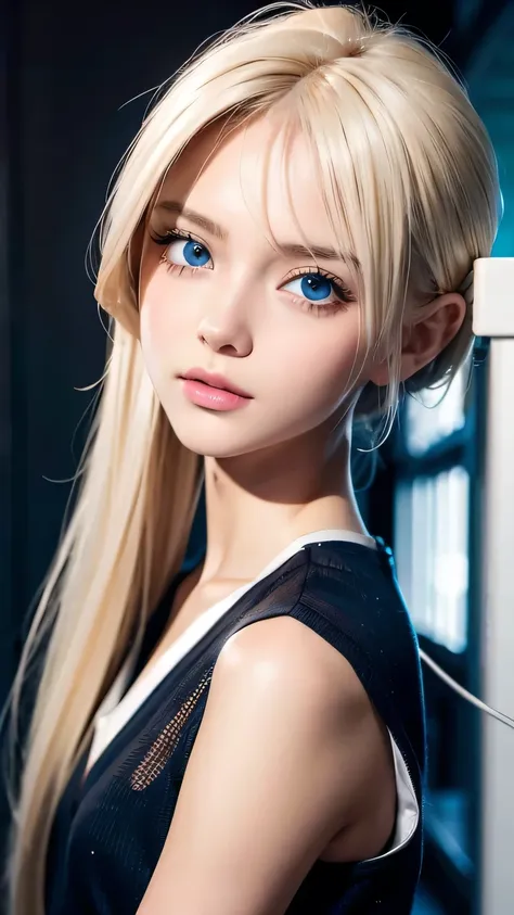 platinum blonde hair is super long, straight, stringy hair、polate、school uniform、bright expression、 ponytail、 young, white and s...