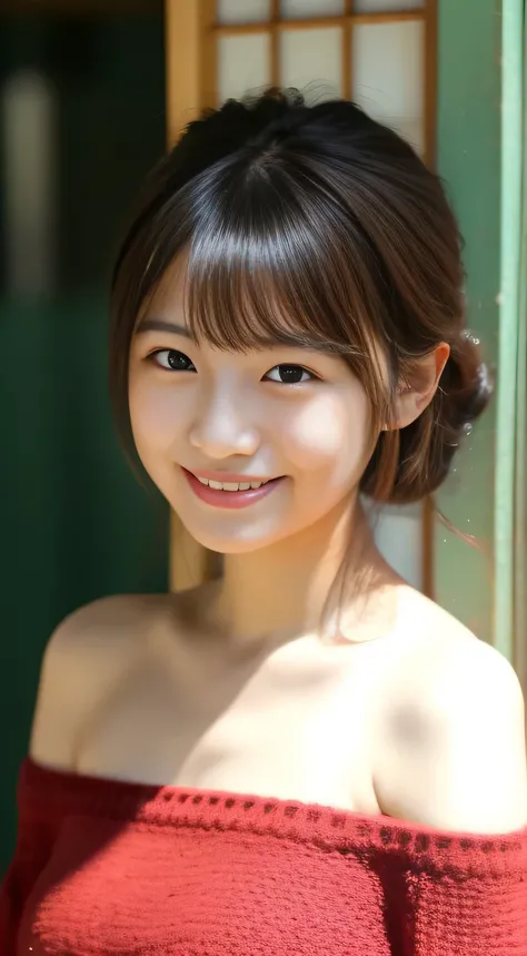 masterpiece,best quality,(Japanese girl),((Beautiful girl)),cleavage,(off shoulder:1.2),(perfect body beauty:1.2),(shy smile),