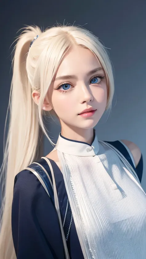 platinum blonde hair is super long, straight, stringy hair、polate、school uniform、bright expression、 ponytail、 young, white and s...