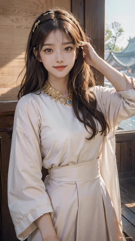 best quality, masterpiece, brown hair, gold eyes, lavender clothes, , upper body,Fair skin, long wavy hair  Chinese wooden architecture behind, sunlight falling on her , closed mouth, smiling, drunk blush, looking at viewer , cute poses , queen 👑, Korean t...