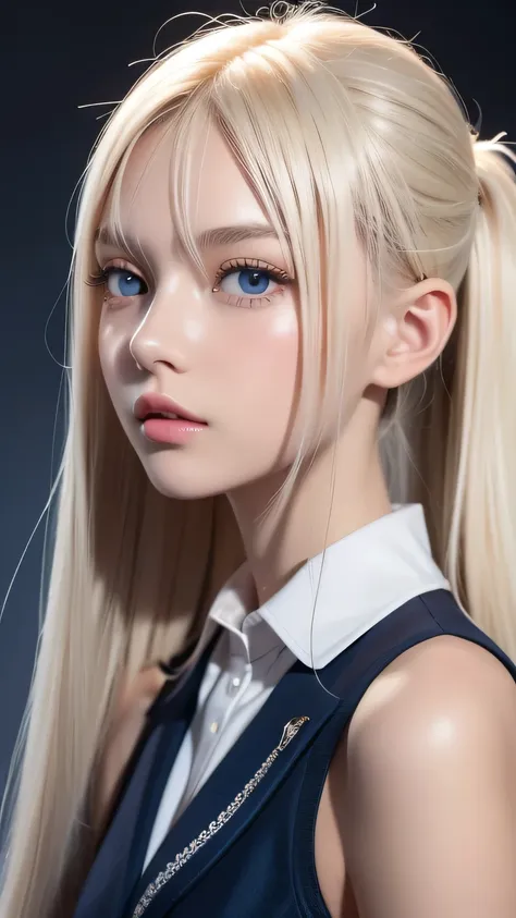 platinum blonde hair is super long, straight, stringy hair、polate、school uniform、bright expression、 ponytail、 young, white and s...