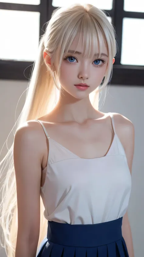 platinum blonde hair is super long, straight, stringy hair、Polate、School uniform、Bright expression、 ponytail、 young, white and shiny skin 、Great looks、Shiny bright hair、Shiny, beautiful bangs、double eyelid、Eyeliner、 clear, big blue eyes ,It shines with en...