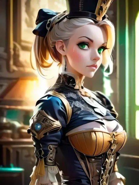 Cute lady victorian gothic style, Intricate details insanely artwork Wooden painted, 3D effect ultra-detailed intricate insanely Heart, museum room,  green glass eyes, Carved in wood, painted with bright colors., indie film screencap, dramatic angle, , fou...