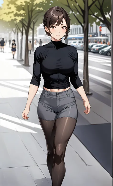 masterpiece, best quality, very detailed body, ultra detailed, ultra high resolution, very detailed face, ((anime)), (((1woman))), (((black shirt))), ((gray short pants)), (((navel))), (((black pantyhose))), ((little smile expression)), (abs:1.12), (((thic...