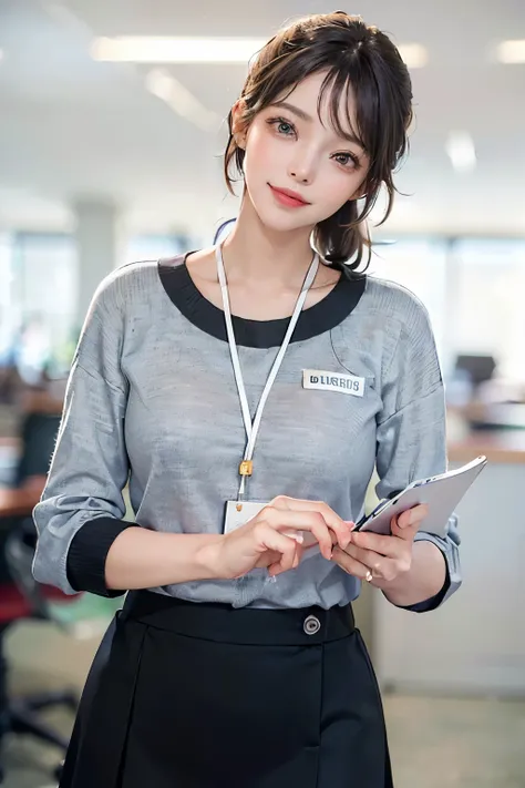 (masterpiece, best quality, raw photo), shoot from  front, 1female, (beautiful 26year-old reception woman having cool atmosphere:1.3), (beautiful deep-black hair tied back:1.3), (standing, gently smile at the viewer:1.3), (office uniform, skirt over knees,...