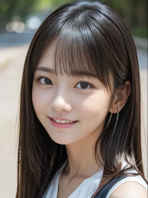 (masterpiece, best quality:1.2), 1girl, Alone, cute, ( super cute idol-like face :1.2)、Beautiful Japanese Girls、20 years old, sexy, Large eyes with double eyelids, (White sleeveless blouse:1.2), smile, Highly detailed faceと肌の質感、Sophistication、Highly detail...