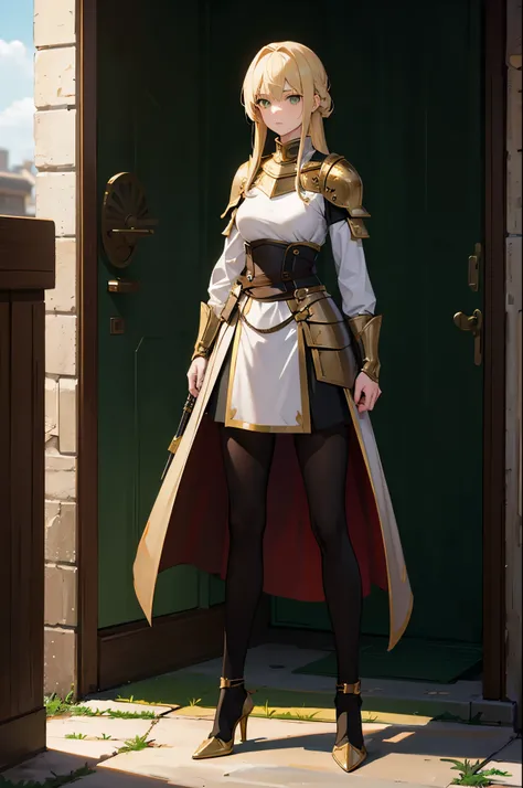 1woman, blonde hair, green eyes, knight, standing on ground, high res, ultra sharp, 8K, masterpiece