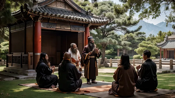 * Confucius teaching his disciples in an imperial garden **:  An old man with a long beard and ceremonial robes , surrounded by young students under a tree ,  with a classical Chinese pavilion in the background and distant mountains