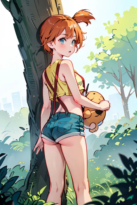 Misty from Pokemon, 1 girl,Alone,g-string denim short shorts, surprised expression, clavicle ,no shirt, red suspenders,looking back at the viewer,outside,depth of field, leaning against tree, legs, cameltoe, playful, Masterpiece, Best Quality, absurdities,...