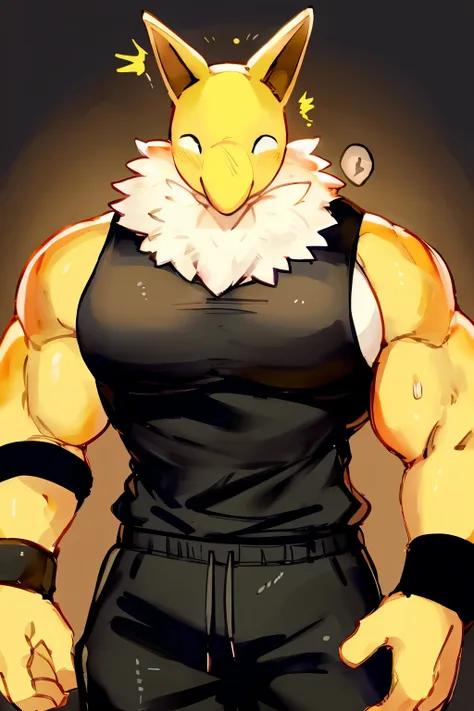 furry, anthro, solo, hypno, male, (((muscular body, massive male pectorals, yellow skin, wearing white fluffy fur around neck)))...