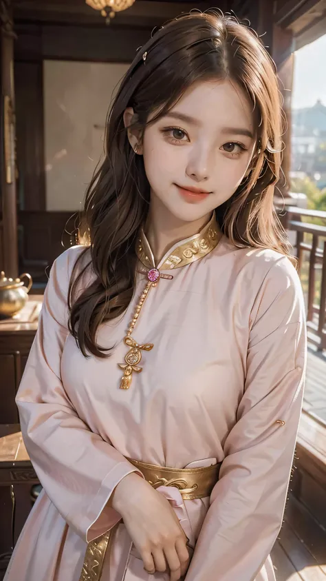 best quality, masterpiece, brown hair, gold eyes, pink clothes, , upper body,Fair skin, long wavy hair  Chinese wooden architecture behind, sunlight falling on her , closed mouth, smiling, drunk blush, looking at viewer , cute poses , queen 👑, Korean thron...