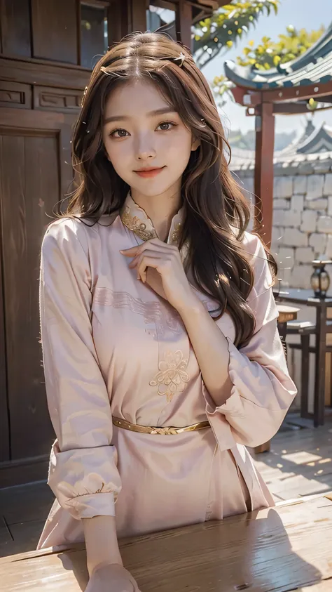 best quality, masterpiece, brown hair, gold eyes, pink clothes, , upper body,Fair skin, long wavy hair  Chinese wooden architecture behind, sunlight falling on her , closed mouth, smiling, drunk blush, looking at viewer , cute poses , queen 👑, Korean thron...